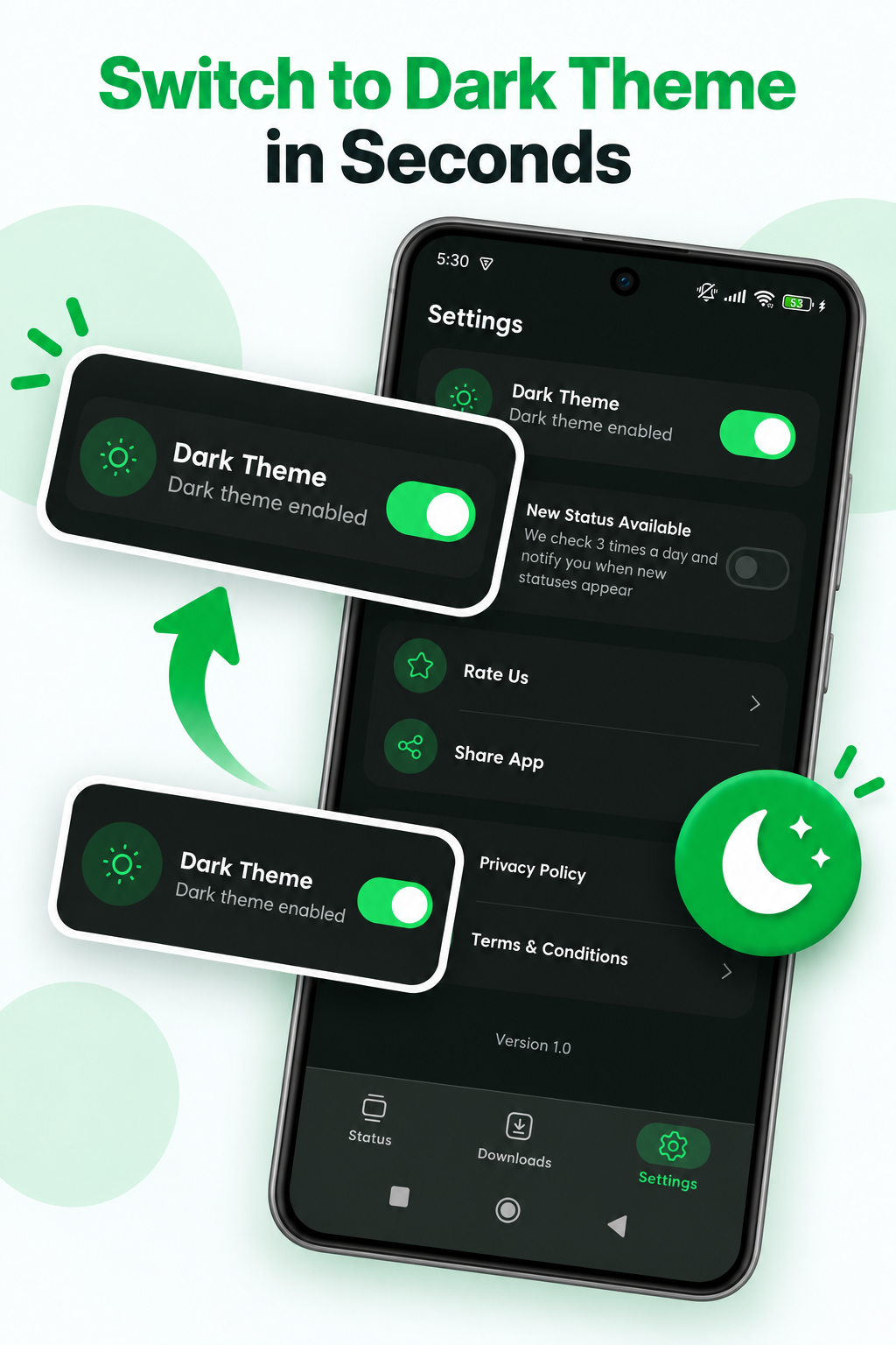 Dark theme settings with the dark mode toggle enabled