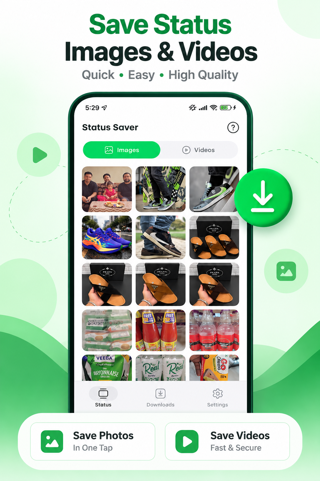 WhatsApp Status Saver dashboard showing status images ready to save