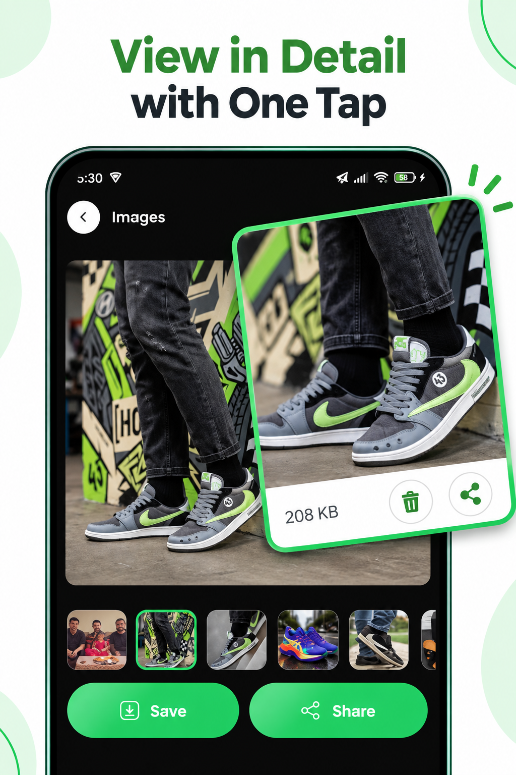 Image preview screen with save and share actions for a status photo