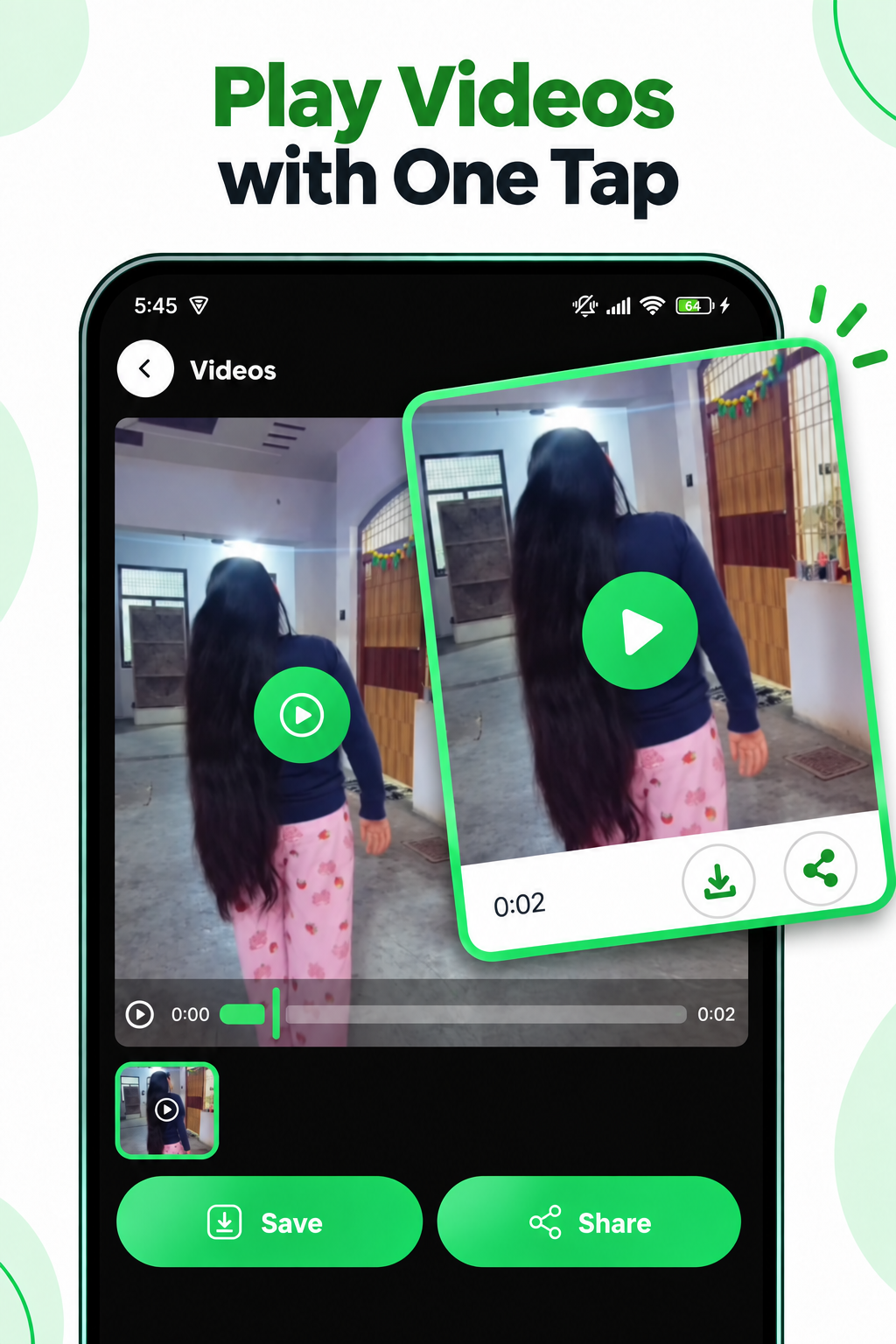Video preview player with playback controls, save and share buttons